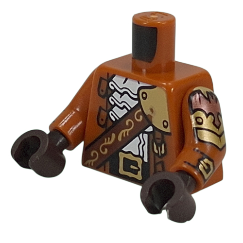 Visuel indicatif Rebrickable de Torse, manteau, bracelet brun foncé avec bouteilles, décorations en or, chemise blanche à volants, motif imprimé ceinture noire, bras orange foncé, mains brun foncé (Torso, Coat, Dark Brown Strap with Bottles, Gold Decorations, White Shirt with Ruffles, Black Belt Print, Dark Orange Arms, Dark Brown Hands)