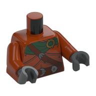 Torse, manteau vert foncé, bracelet brun rougeâtre, ceinture, armure, pochette, poignard au dos motif imprimé, bras orange foncé, mains gris bleuté foncé (Torso, Dark Green Cloak, Reddish Browns Strap, Belt, Armor, Pouch, Dagger on Back Print, Dark Orange Arms, Dark Bluish Gray Hands)