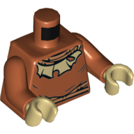 Visuel indicatif Rebrickable de Torse, tunique, nougat corde cou et ceinture, motif imprimé col en lambeaux beige, bras orange foncé, mains beiges (Torso, Tunic, Nougat Rope Neck and Belt, Tan Tattered Collar Print, Dark Orange Arms, Tan Hands)