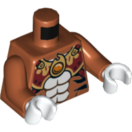 Torse, poitrine nue avec des rayures de tigre, armure rouge foncé et or avec des sangles et feu chi emblème motif imprimé, bras orange foncé, mains blanches (Torso, Bare Chest with Tiger Stripes, Dark Red and Gold Armor with Straps and Fire Chi Emblem Print, Dark Orange Arms, White Hands)