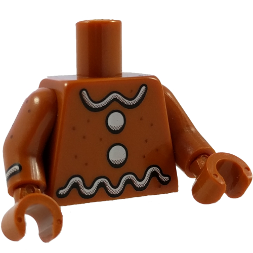 Visuel indicatif Rebrickable de Torse, glaçage blanc et motif imprimé boutons, bras et mains orange foncé avec motif imprimé à rayures de glaçage blanc (Torso, White Icing and Buttons Print, Dark Orange Arms and Hands with White Icing Stripe Print)
