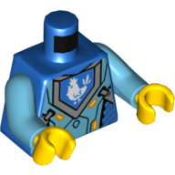 Visuel indicatif Rebrickable de Torse, armure, plaques d'azur moyen, Pentagone bleu avec motif imprimé poulet blanc, bras azur moyen, mains jaunes (Torso, Armor, Medium Azure Plates, Blue Pentagon with White Chicken Print, Medium Azure Arms, Yellow Hands)
