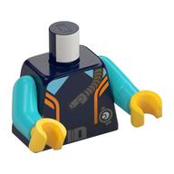 Visuel indicatif Rebrickable de Torse, Combinaison humide, Bandes oranges, Ceinture, Manomètre, Tuyau respiratoire motif imprimé, bras azur moyen, mains jaunes (Torso, Wet Suit, Orange Stripes, Belt, Pressure Gauge, Breathing Hose Print, Medium Azure Arms, Yellow Hands)