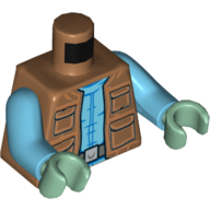 Visuel indicatif Rebrickable de Torse, gilet avec poches et chemise azur moyen motif imprimé (gredo), bras azur moyen, mains vert sable (Torso, Vest with Pockets and Medium Azure Shirt Print (Greedo), Medium Azure Arms, Sand Green Hands)