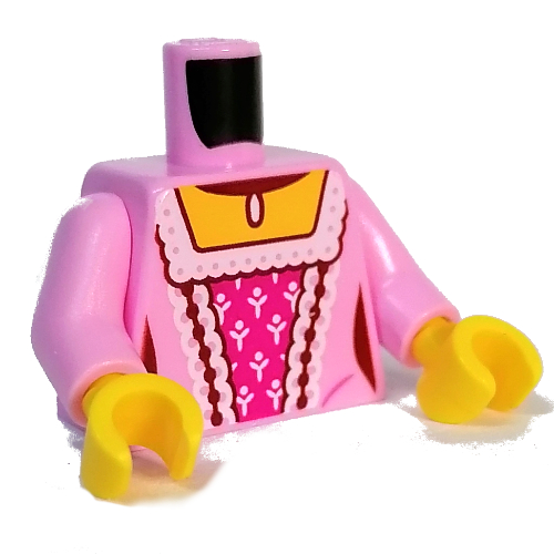Visuel indicatif Rebrickable de Torse, sous-vêtement rose foncé, motif imprimé blanc, bras rose vif, mains jaunes (Torso, Dark Pink Underdress, White Trim Print, Bright Pink Arms, Yellow Hands)