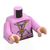 Torse, sweat à capuche, fermeture à glissière argent, collier jaune, rouge/jaune/bleu ceinture motif imprimé, bras rose vif, mains nougat clair (Torso, Hoodie, Silver Zipper, Yellow Necklace, Red/Yellow/Blue Belt Print, Bright Pink Arms, Light Nougat Hands)