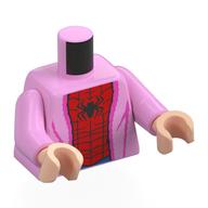 Torse, robes sur costume rouge/bleu Spider-Man, motif imprimé araignée noire, bras rose vif, mains nougat clair (Torso, Robes over Red/Blue Spider-Man Suit, Black Spider Print, Bright Pink Arms, Light Nougat Hands)