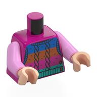Torse, pull tricoté, bleu foncé/orange foncé/violet foncé/tourbillon foncé Motif imprimé, bras rose vif, mains nougat clair (Torso, Knitted Sweater, Dark Blue/Dark Orange/Dark Purple/Dark Turquoise Bands Print, Bright Pink Arms, Light Nougat Hands)
