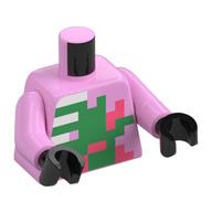 Torse, Squelette pixellisé et carrés verts motif imprimé, bras rose vif, mains noires (Torso, Pixelated Skeleton and Green Squares Print, Bright Pink Arms, Black Hands)