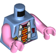 Torse, veste, chemise rouge et jaune, motif imprimé de boutons-pression blancs, bras et mains rose vif (Torso, Jacket, Red and Yellow Shirt, White Snaps Print, Bright Pink Arms and Hands)
