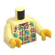Torse, chemise hawaïenne, feuilles turquoise foncé, motif imprimé de fleurs magenta, bras jaune clair vif, mains jaunes (Torso, Hawaiian Shirt, Dark Turquoise Leaves, Magenta Flowers Print, Bright Light Yellow Arms, Yellow Hands)