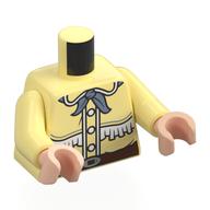 Visuel indicatif Rebrickable de Torse, veste de cowboy, pompons blancs, ceinture brun rougeâtre, motif imprimé noeud papillon gris foncé, bras jaune clair vif, mains nougat clair (Torso, Cowboy Jacket, White Tassels, Reddish Brown Belt, Dark Bluish Grey Bow Tie Print, Bright Light Yellow Arms, Light Nougat Hands)