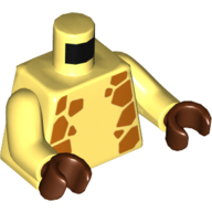 Visuel indicatif Rebrickable de Torse, taches de girafe orange sur les côtés et le dos motif imprimé, bras jaune clair vif avec des taches de girafe orange motif imprimé, mains brun rougeâtre (Torso, Orange Giraffe Spots on Sides and Back Print, Bright Light Yellow Arms with Orange Giraffe Spots Print, Reddish Brown Hands)