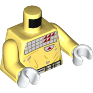 Visuel indicatif Rebrickable de Torse, Chemise avec des carrés blancs, Triangles rouges, Ceinture, motif imprimé, bras jaune clair vif, mains blanches (Torso, Shirt with White Squares, Red Triangles, Belt, Print, Bright Light Yellow Arms, White Hands)