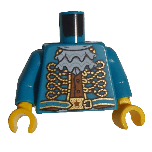 Torse, veste en filigrane d'or, volant blanc, chemise orange motif imprimé, bras turquoise foncé, mains jaunes (Torso, Jacket with Gold Filigree, White Ruffle, Orange Shirt Print, Dark Turquoise Arms, Yellow Hands)