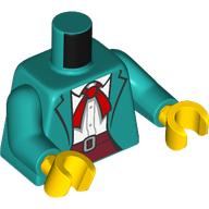 Visuel indicatif Rebrickable de Torse, veste, chemise blanche, cravate rouge / ruban / écharpe, motif imprimé pantalon rouge foncé, bras turquoise foncé, mains jaunes (Torso, Jacket, White Shirt, Red Tie/Ribbon/Scarf, Dark Red Pants Print, Dark Turquoise Arms, Yellow Hands)