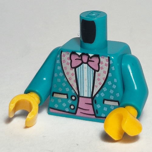 Visuel indicatif Rebrickable de Torse, veste, col rose vif parsemé, chemise rayée bleu clair et blanc, motif : nœud papillon rose foncé, bras turquoise foncé, mains jaunes (Torso, Jacket, Dotted Bright Pink Collar, Bright Light Blue and White Striped Shirt, Dark Pink Bow Tie Print, Dark Turquoise Arms, Yellow Hands)