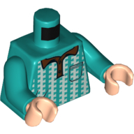Visuel indicatif Rebrickable de Torse, Polo avec lignes de zigzag verticales blanches, poche, motif imprimé col brun rougeâtre, bras turquoise foncé, mains nougat clair (Torso, Polo Shirt with White Vertical Zigzag Lines, Pocket, Reddish Brown Collar Print, Dark Turquoise Arms, Light Nougat Hands)
