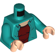 Visuel indicatif Rebrickable de Torse, chemise, ouvert sur motif imprimé sous-chemise rouge foncé, bras turquoise foncé, mains nougat clair (Torso, Shirt, Open over Dark Red Undershirt Print, Dark Turquoise Arms, Light Nougat Hands)