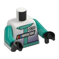 Torse, veste de course, noir et blanc 'NASCAR', bord turquoise foncé, motif imprimé points violet foncé, bras turquoise foncé, mains noires (Torso, Race Jacket, Black and White 'NASCAR', Dark Turquoise Trim, Dark Purple Dots Print, Dark Turquoise Arms, Black Hands)