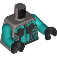 Torse, Combinaison de course, Turquoise foncée/Noir/Argent Marquages motif imprimé, bras turquoise foncé, mains noires (Torso, Racing Suit, Dark Turquoise/Black/Silver Markings Print, Dark Turquoise Arms, Black Hands)