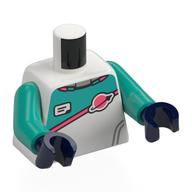 Torse, costume de l'espace, top turquoise foncé, bande de corail, logo de l'espace classique, id badge motif imprimé, bras turquoise foncé, mains bleu foncé (Torso, Space Suit, Dark Turquoise Top, Coral Stripe, Classic Space Logo, ID Badge Print, Dark Turquoise Arms, Dark Blue Hands)