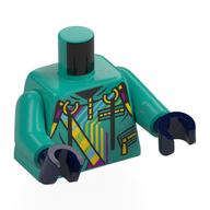 Visuel indicatif Rebrickable de Torse, hoodye, anneaux jaunes, motifs imprimés vert citron/jaune/bleu clair, bras turquoise foncé, mains bleu foncé (Torso, Hoodye, Yellow Rings, Lime/Yellow/Bright Light Blue Decorations Print, Dark Turquoise Arms, Dark Blue Hands)