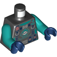 Torse, Combinaison avec harnais bleu foncé avec pochettes et motif imprimé ancre turquoise foncé, bras turquoise foncé, mains bleu foncé (Torso, Wetsuit with Dark Blue Harness with Pouches and Dark Turquoise Anchor Print, Dark Turquoise Arms, Dark Blue Hands)