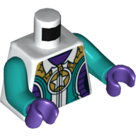 Visuel indicatif Rebrickable de Torse, veste avec fermeture à glissière, étoile blanche sur cercle d'or, turquoise foncé et panneaux violet foncé motif imprimé, bras turquoise foncé, mains pourpre foncé (Torso, Jacket with Zipper, White Star on Gold Circle, Dark Turquoise and Dark Purple Panels Print, Dark Turquoise Arms, Dark Purple Hands)