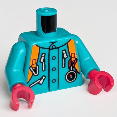Visuel indicatif Rebrickable de Torse, veste, poches zippées, motif imprimé sac à dos orange, bras turquoise foncé, mains rouges (Torso, Jacket, Zipper Pockets, Orange Backpack Print, Dark Turquoise Arms, Red Hands)