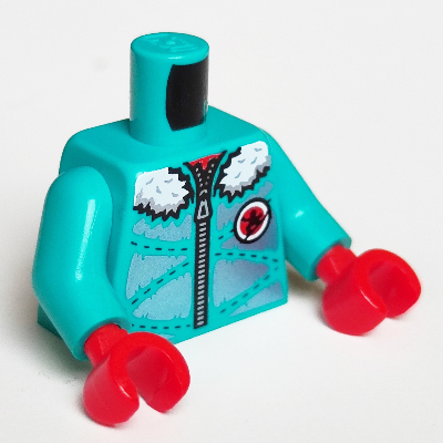 Visuel indicatif Rebrickable de Torse, veste avec fermeture éclair et garniture de fourrure blanche et capuche, décorations argentées motif imprimé, bras turquoise foncé, mains rouges (Torso, Jacket with Zipper and White Fur Trim and Hood, Silver Decorations Print, Dark Turquoise Arms, Red Hands)