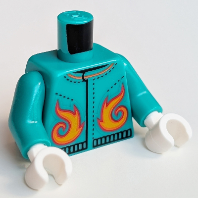 Visuel indicatif Rebrickable de Torse, veste, motif imprimé flammes orange, bras turquoise foncé, mains blanches (Torso, Jacket, Orange Flames Print, Dark Turquoise Arms, White Hands)