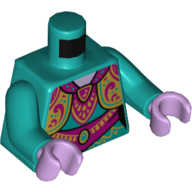 Visuel indicatif Rebrickable de Torse, tunique, couches, or orné et rose foncé décorations motif imprimé, bras turquoise foncé, mains lavande (Torso, Tunic, Layered, Ornate Gold and Dark Pink Decorations Print, Dark Turquoise Arms, Lavender Hands)