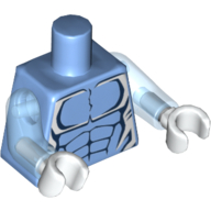 Visuel indicatif Rebrickable de Torse, poitrine nue, contours des muscles bleu foncé et bords blancs imprimés, bras bleu moyen transparent, mains blanches (Torso, Bare Chest, Dark Blue Muscles Outline and White Edges Print, Trans-Medium Blue Arms, White Hands)