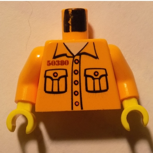 Visuel indicatif Rebrickable de Torse, chemise de prison avec 2 poches, motif imprimé '50380', bras orange moyen, mains jaunes (Torso, Prison Shirt with 2 Pockets, '50380' Print, Medium Orange Arms, Yellow Hands)