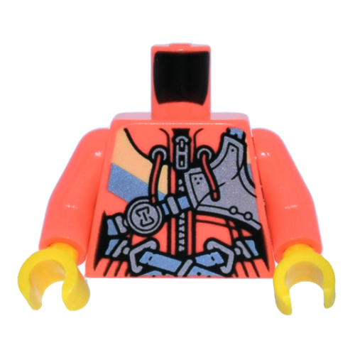 Torse, bleu clair lumineux / veste orange clair lumineux, sangles bleu clair lumineux, motif imprimé en verre argenté, bras corail, mains jaunes (Torso, Bright Light Blue/Bright Light Orange Jacket, Bright Light Blue Straps, Silver Hour Glass Print, Coral Arms, Yellow Hands)