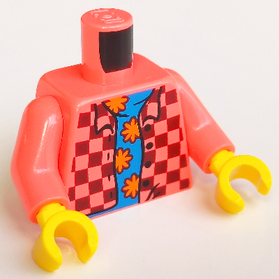 Visuel indicatif Rebrickable de Torse, chemise, damier bleu avec des décorations orange motif imprimé, bras corail, mains jaunes (Torso, Shirt, Checkered over Blue Top with Orange Decorations Print, Coral Arms, Yellow Hands)