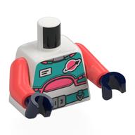 Torse, costume de l'espace, panneaux turquoise foncé, ceinture, garniture de corail, logo de l'espace classique, id badge motif imprimé, bras corail, mains bleu foncé (Torso, Space Suit, Dark Turquoise Panels, Belt, Coral Trim, Classic Space Logo, ID Badge Print, Coral Arms, Dark Blue Hands)