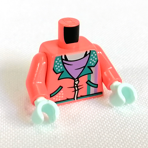 Torse, veste, garniture turquoise foncé, motif : chemise lavande, bras corail, mains vert d’eau clair (Torso, Jacket, Dark Turquoise Trim, Lavender Shirt Print, Coral Arms, Light Aqua Hands)