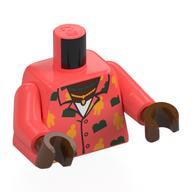 Torse, chemise hawaïenne, briques vert foncé, minifigurine orange clair lumineux, collier en or, motif imprimé chemise blanche, bras corail, mains brun rougeâtre (Torso, Hawaiian Shirt, Dark Green Bricks, Bright Light Orange Minifigs, Gold Necklace, White Shirt Print, Coral Arms, Reddish Brown Hands)