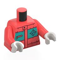 Visuel indicatif Rebrickable de Torse, blouson, symbole explorateurs arctiques, motif imprimé à rayures turquoise foncé, bras corail, mains blanches (Torso, Puffer Jacket, Arctic Explorers Symbol, Dark Turquoise Stripe Print, Coral Arms, White Hands)