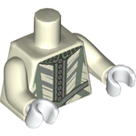 Visuel indicatif Rebrickable de Torse, doublet, gris bleuté clair et vert sable motif imprimé, lueur dans les bras blanc foncé, mains blanches (Torso, Doublet, Light Bluish Gray and Sand Green Trim Print, Glow in the Dark White Arms, White Hands)