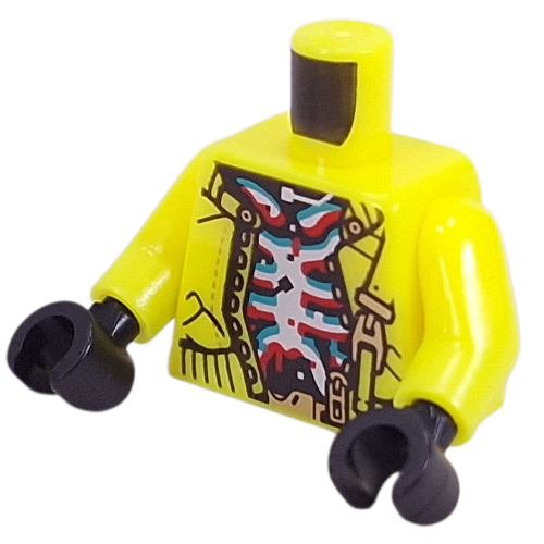 Visuel indicatif Rebrickable de Torse, veste, Bracelet en or, Squelette en argent sur fond noir imprimé, bras jaune éclatant, mains noires (Torso, Jacket, Gold Strap, Silver Skeleton on Black Background Print, Vibrant Yellow Arms, Black Hands)