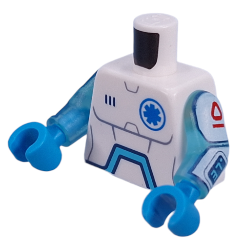 Visuel indicatif Rebrickable de Torse, étoile azur foncé de la vie, panneaux de droïde, batterie sur le motif imprimé à l'arrière, bras bleu clair transparent, mains azur foncé (Torso, Dark Azure Star of Life, Droid Panels, Battery on Back Print, Trans-Light Blue Arms, Dark Azure Hands)