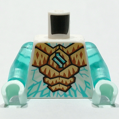 Torse, armure, plaques d'or et d'orange, marques de glace turquoise foncé motif imprimé, bras bleu clair transparent, mains vert d’eau clair (Torso, Armor, Gold and Orange Plates, Dark Turquoise Ice Markings Print, Trans-Light Blue Arms, Light Aqua Hands)