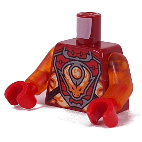 Torse, armure, panneaux argentés et rouge foncé, décorations orange et jaune clair vif, motif imprimé dragon, bras orange transparent, mains rouges (Torso, Armor, Silver and Dark Red Panels, Orange and Bright Light Yellow Decorations, Dragon Print, Trans-Orange Arms, Red Hands)