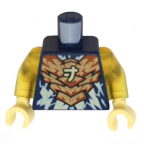 Visuel indicatif Rebrickable de Torse, armure, or et orange pectoral, lumineux éclair jaune et asiatique symbole motif imprimé, bras jaune transparent, mains jaune clair vif (Torso, Armor, Gold and Orange Chestplate, Bright Light Yellow Lightning and Asian Symbol Print, Trans-Yellow Arms, Bright Light Yellow Hands)