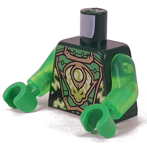 Visuel indicatif Rebrickable de Torse, vert sable/or armure, vert citron/vert jaune décorations, motif imprimé dragon, bras vert transparent-brillant, mains vert vif (Torso, Sand Green/Gold Armour, Lime/Yellowish Green Decorations, Dragon Print, Trans-Bright Green Arms, Bright Green Hands)