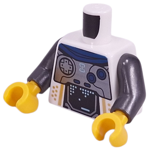 Torse, armure de poitrine en titane perle, capuche bleu foncé, boutons, pixels turquoise foncé sur écran noir, motif imprimé points d'or, bras titane nacré, mains jaunes (Torso, Pearl Titanium Chest Armor, Dark Blue Hood, Buttons, Dark Turquoise Pixels on Black Screen, Gold Dots Print, Pearl Titanium Arms, Yellow Hands)