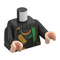 Visuel indicatif Rebrickable de Torse, veste, bracelet noir et or, motif imprimé garniture vert et or, bras titane nacré, mains nougat clair (Torso, Jacket, Black and Gold Strap, Green and Gold Trim Print, Pearl Titanium Arms, Light Nougat Hands)
